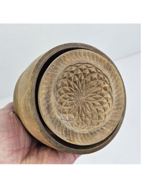 Vintage Wooden Butter Mold Press Hand Carved Folk Art Floral Round Stamp...